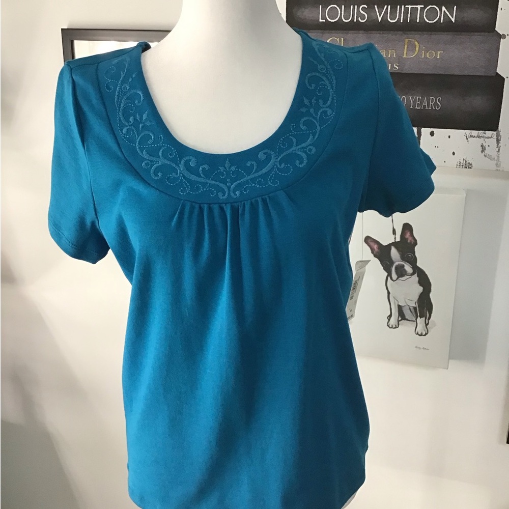 Embroidered Scoop Neck Teal Blue Top